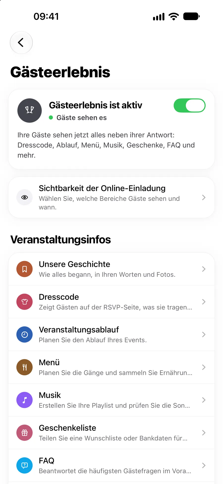 Einstellungen zum Gästeerlebnis in der Vowly-Event-App