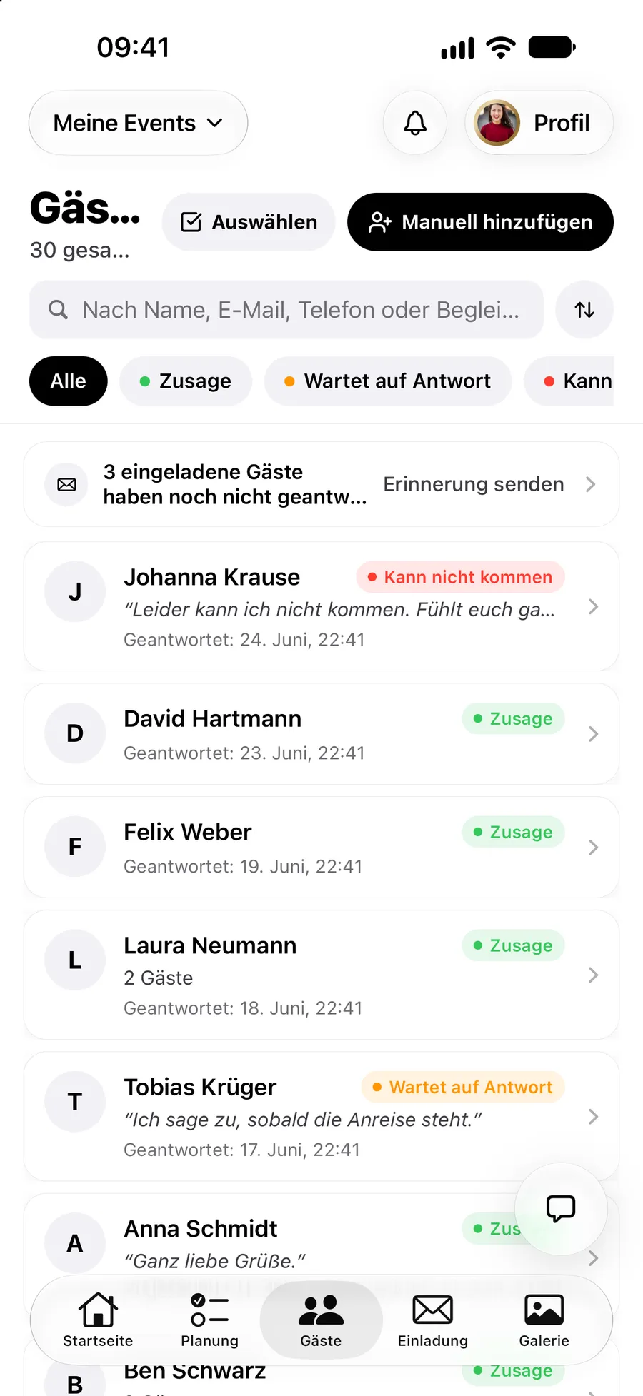 Die Gästeliste in der Vowly-Event-App