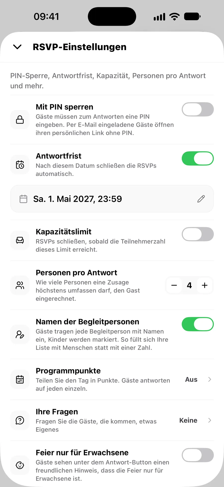 RSVP-Einstellungen in der Vowly-Event-App