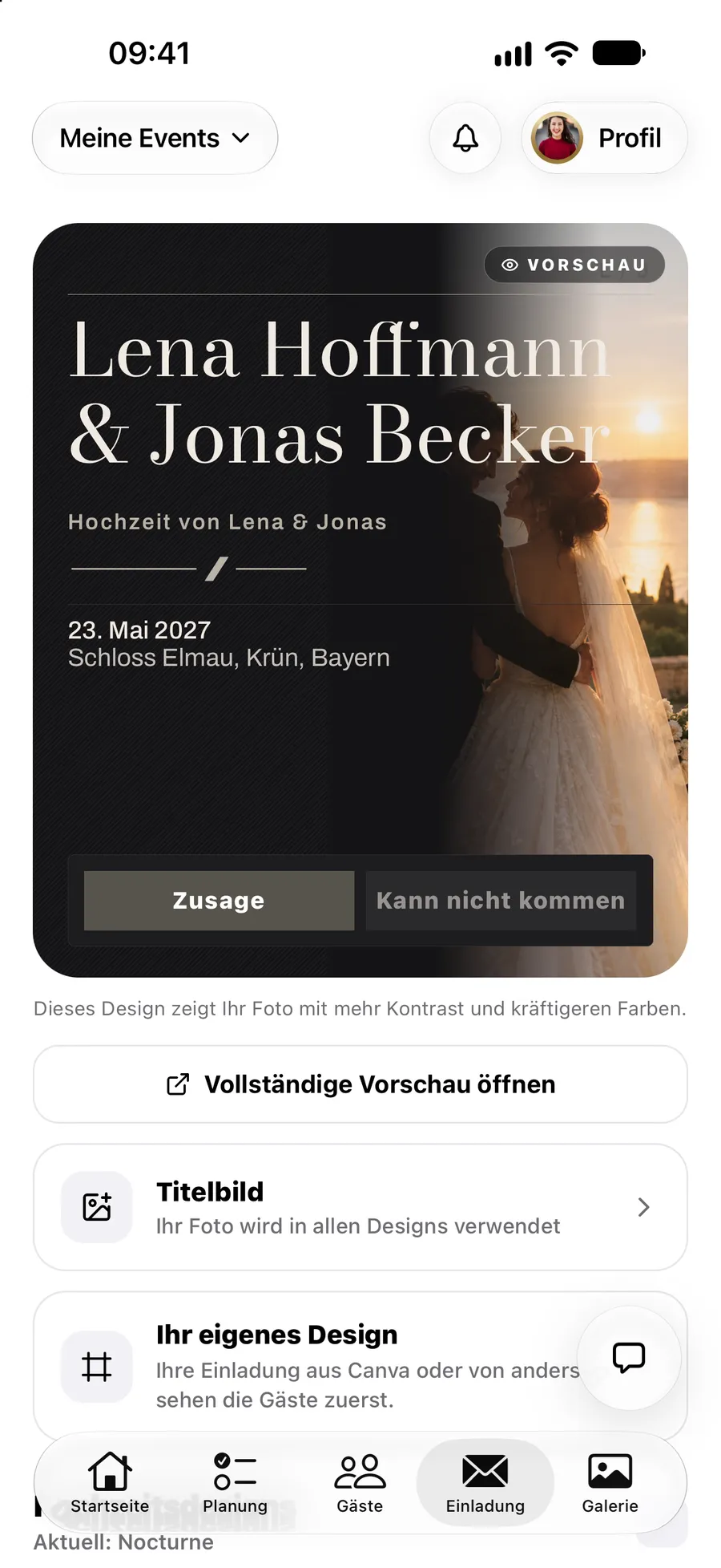 Die Einladungsseite mit dem Link und seinem Status in der Vowly-Event-App