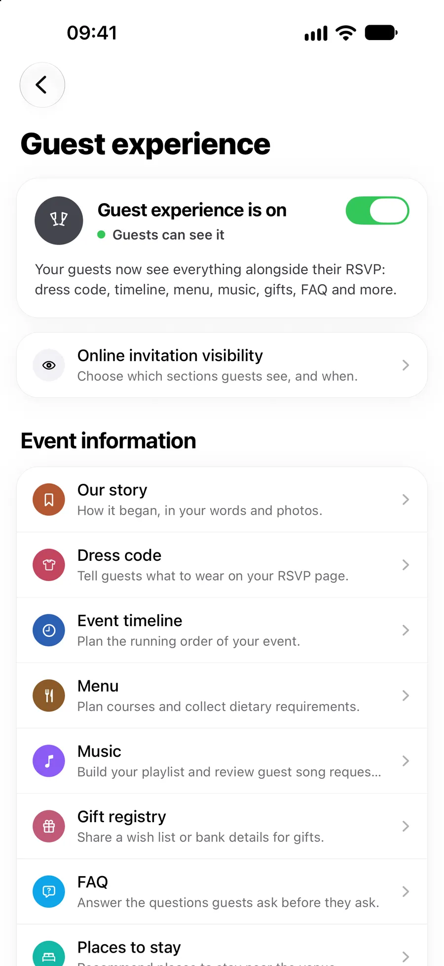 Guest experience settings in the Vowly Event app