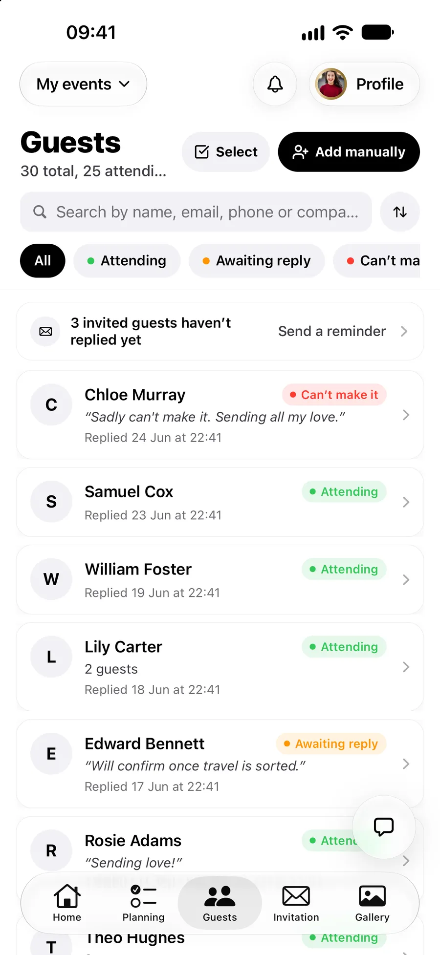 The guest list in the Vowly Event app