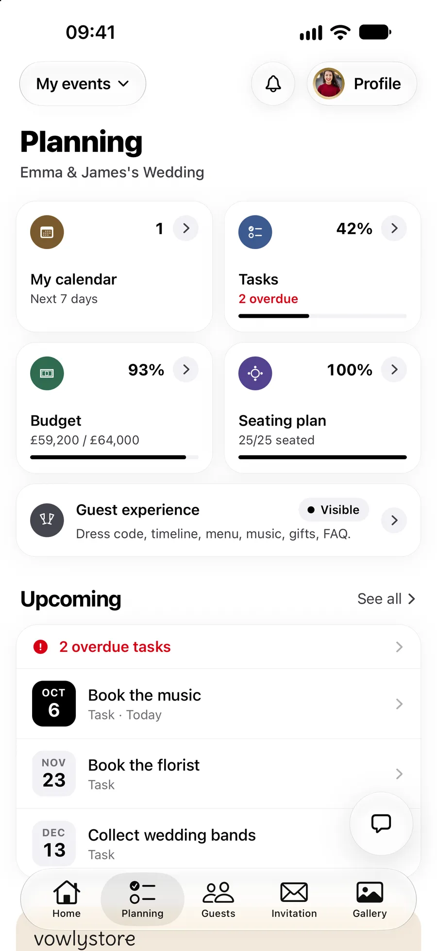 The Planning tab in the Vowly Event app