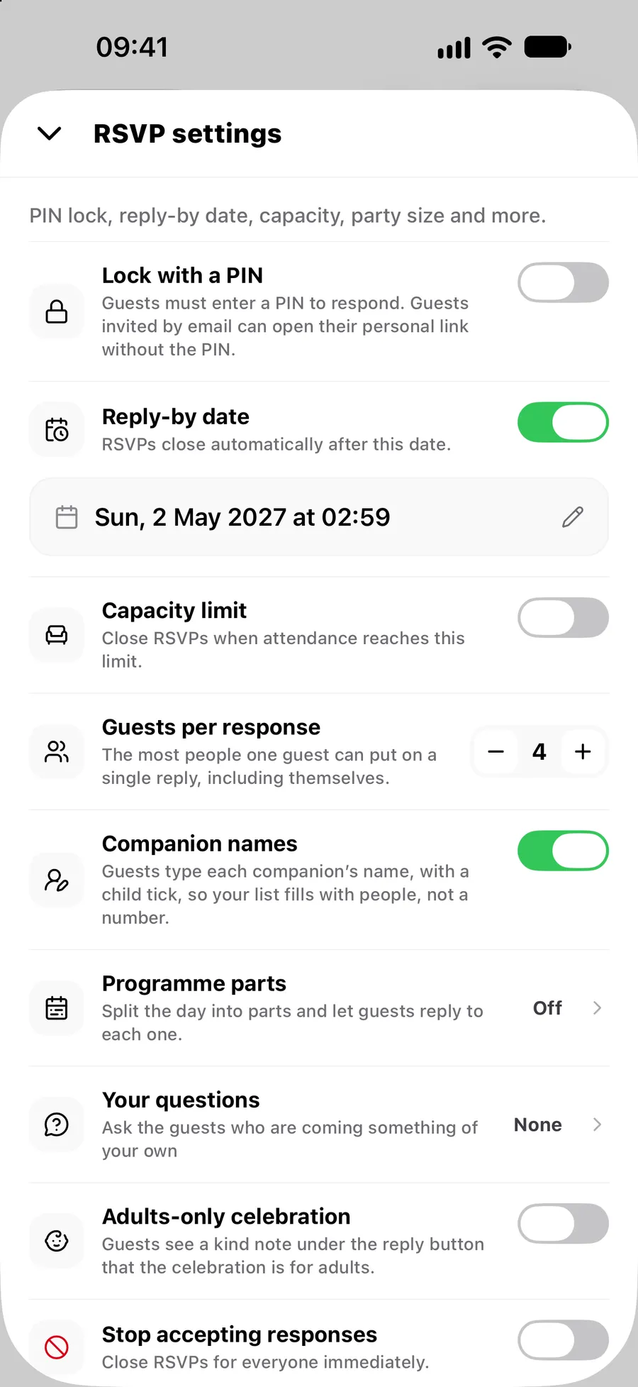 RSVP settings in the Vowly Event app