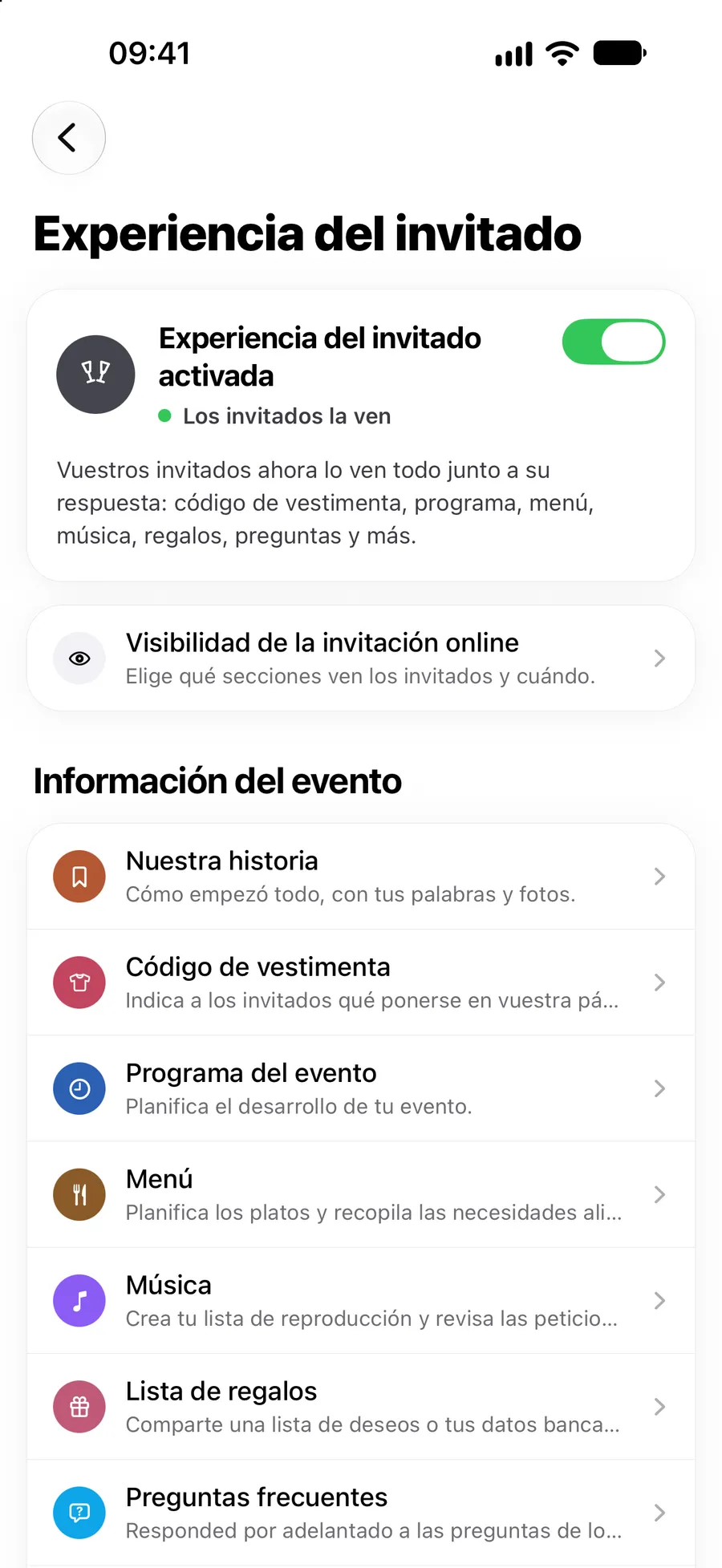 Los ajustes de la experiencia del invitado en la app de Vowly Event