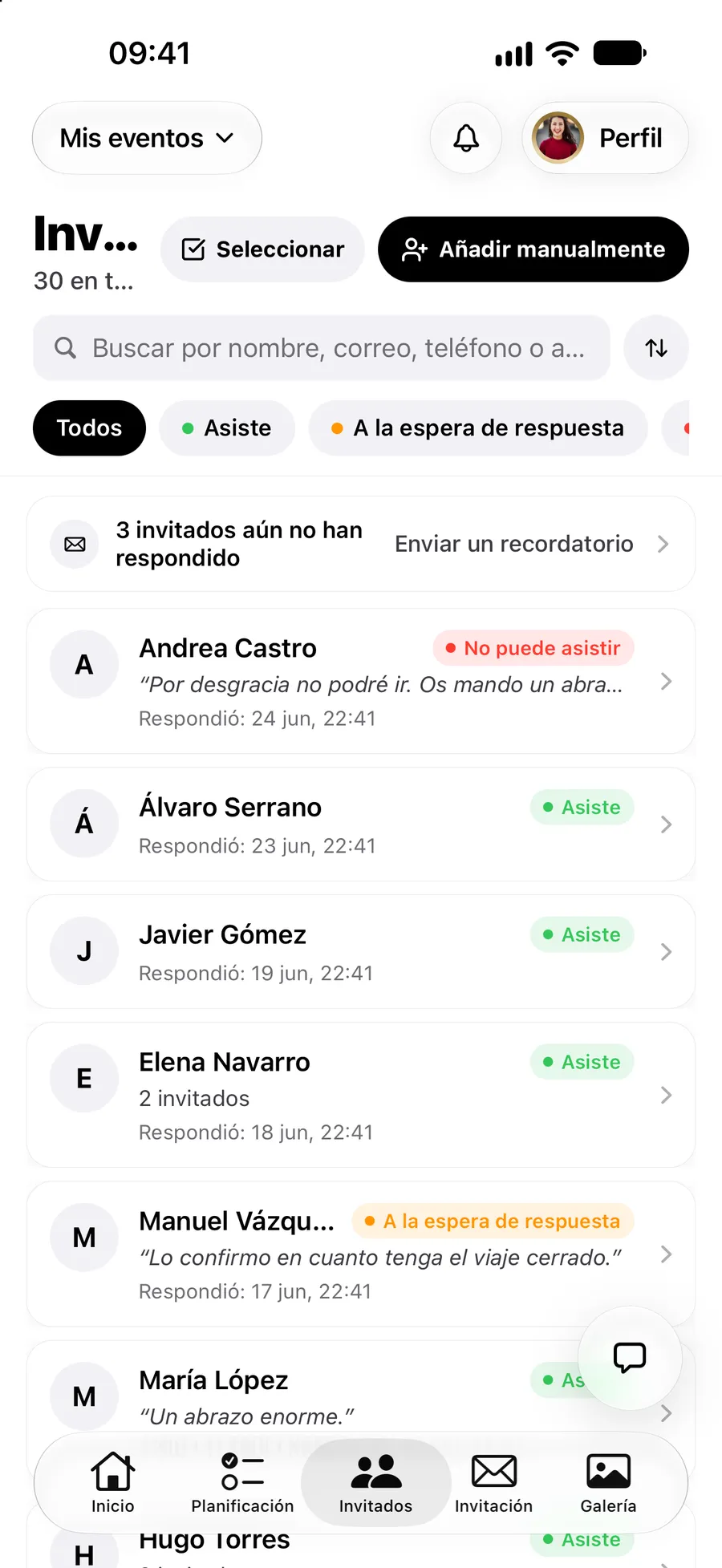 La lista de invitados en la app de Vowly Event