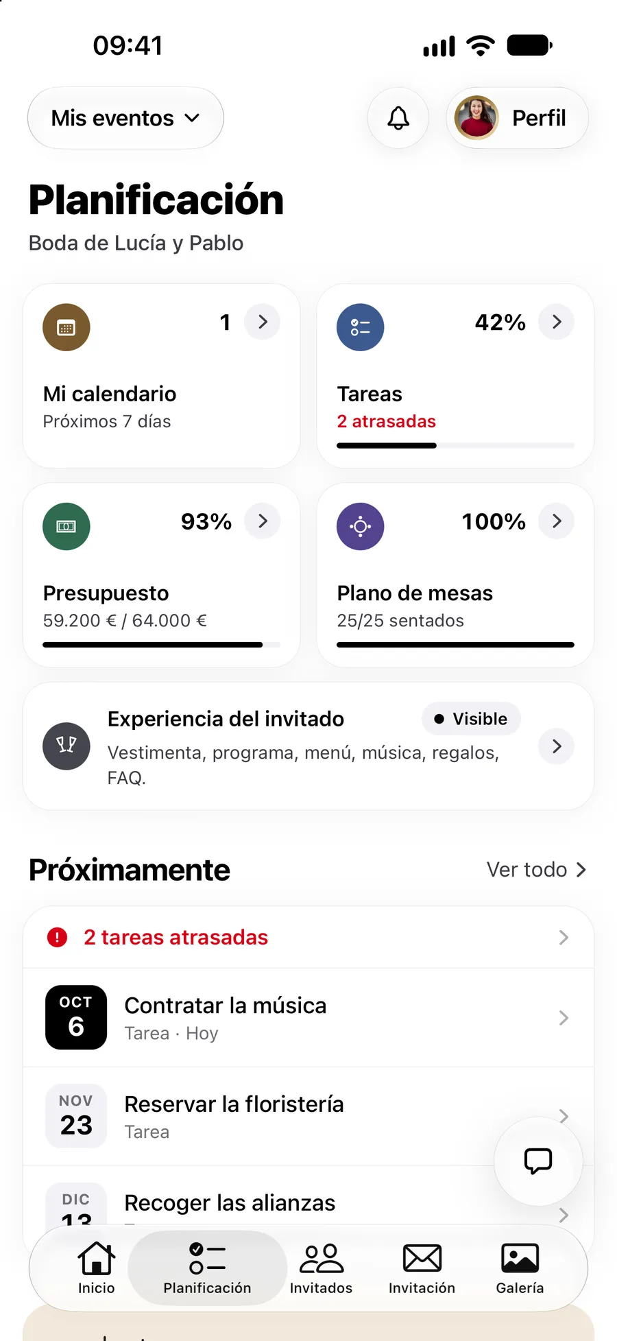 La pestaña de planificación en la app de Vowly Event