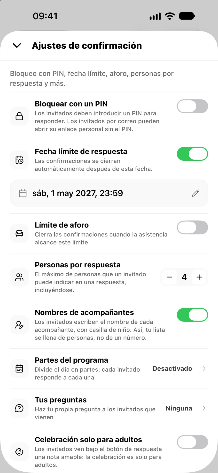 Los ajustes de confirmación en la app de Vowly Event
