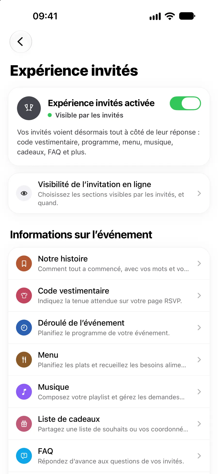 Les réglages de l’expérience invités dans l’application Vowly Event