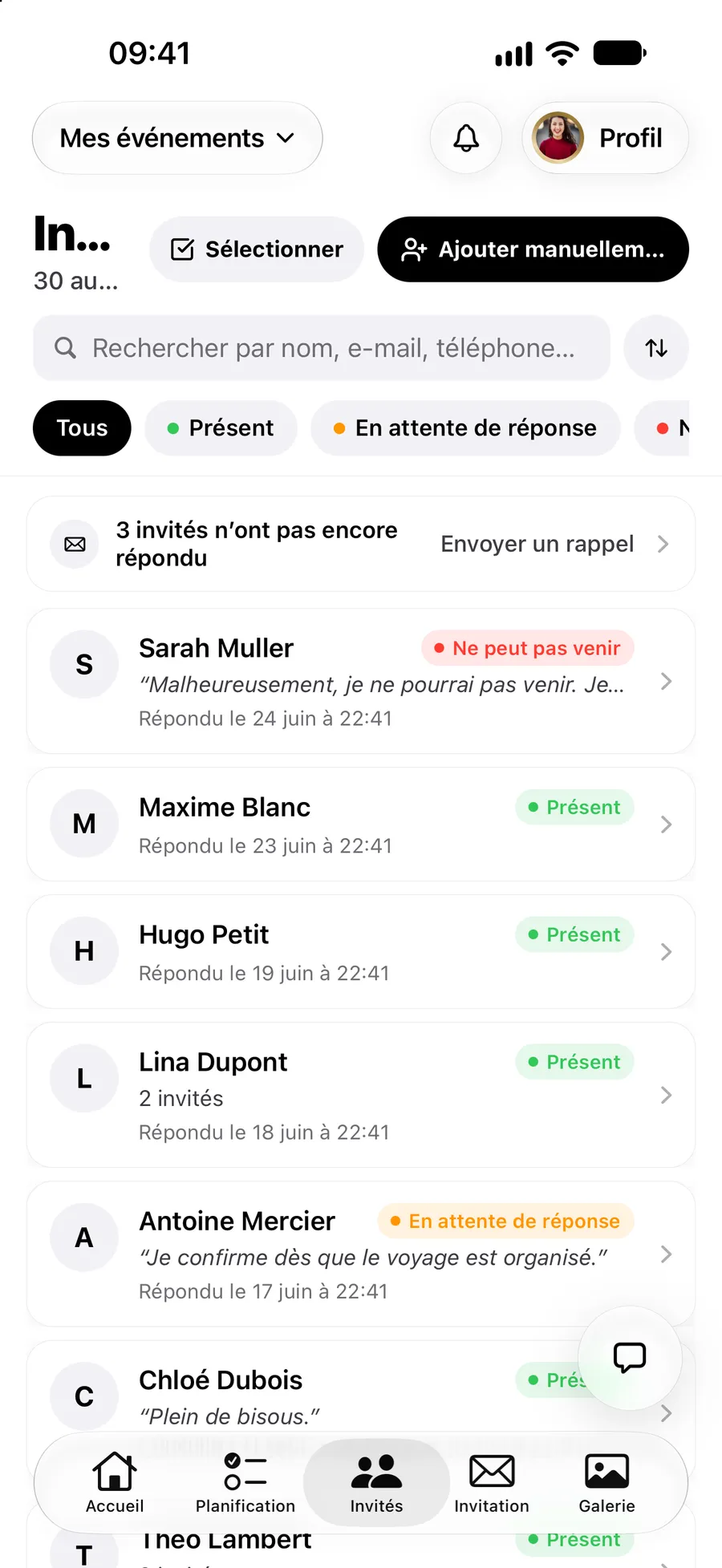 La liste d’invités dans l’application Vowly Event