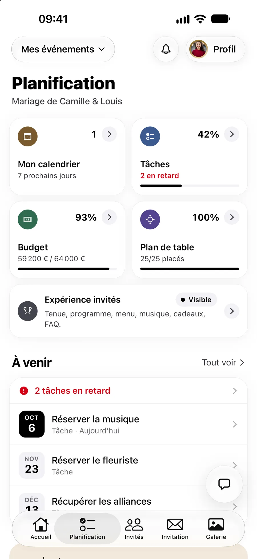L’onglet Planification dans l’application Vowly Event