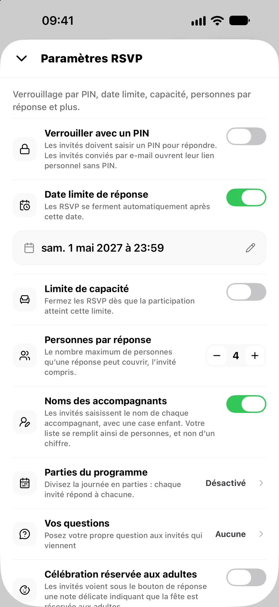 Les paramètres RSVP dans l’application Vowly Event