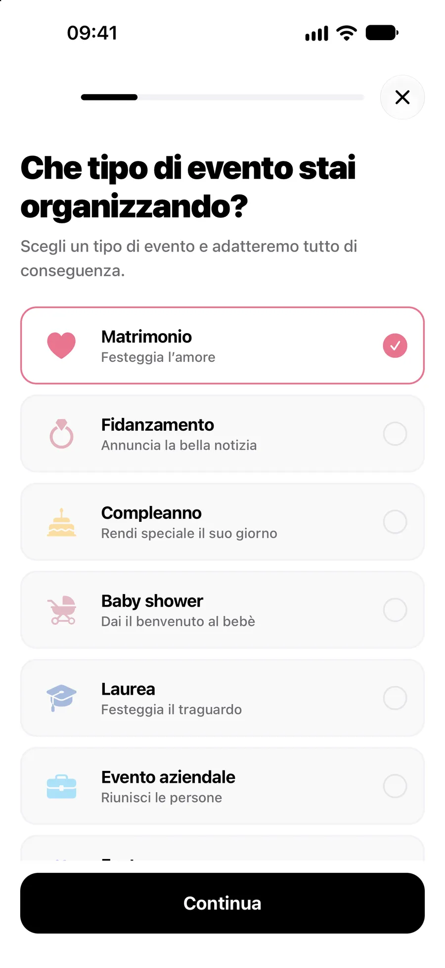 Creazione di un evento nell’app Vowly Event