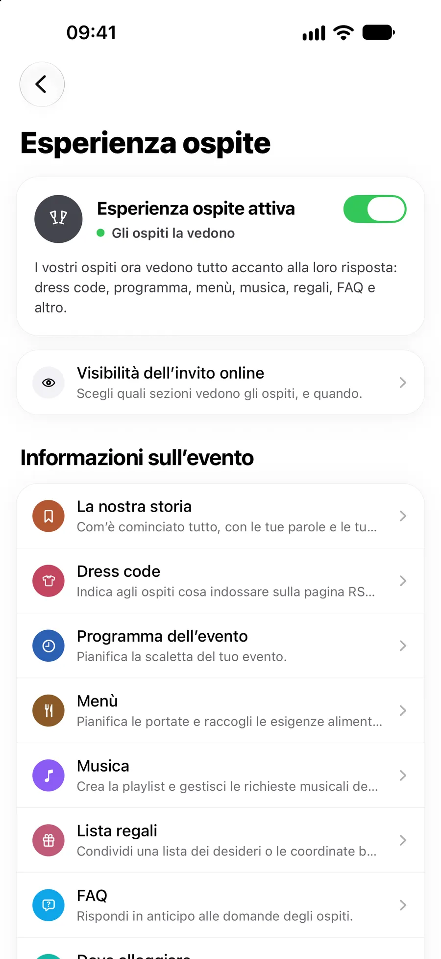 Le impostazioni dell’esperienza ospite nell’app Vowly Event