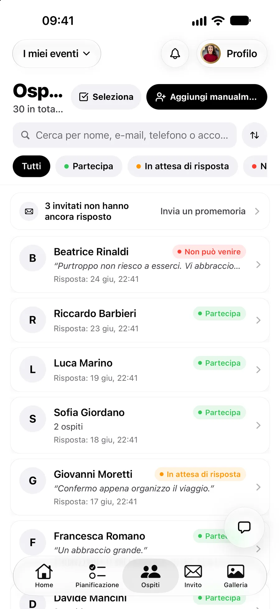 La lista degli ospiti nell’app Vowly Event