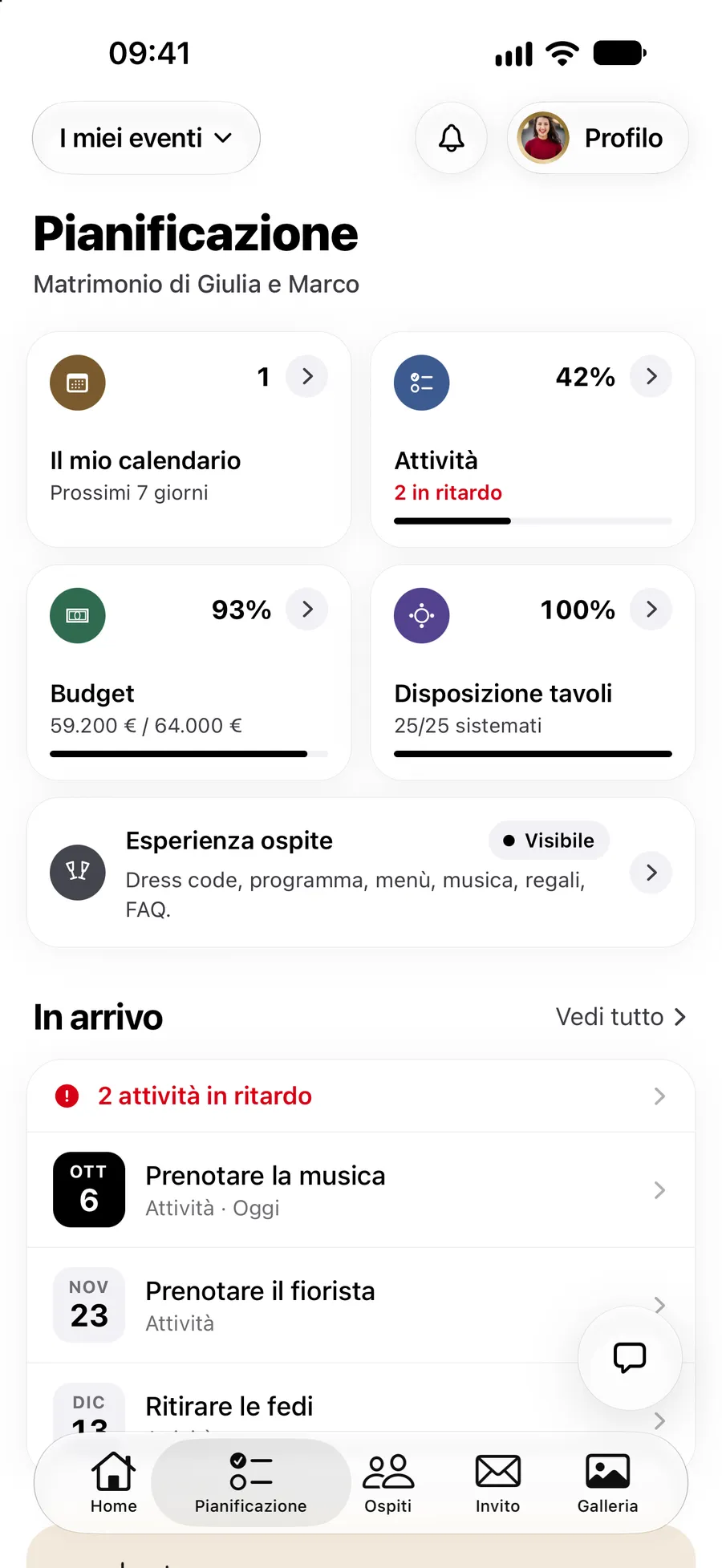 La scheda Pianificazione nell’app Vowly Event