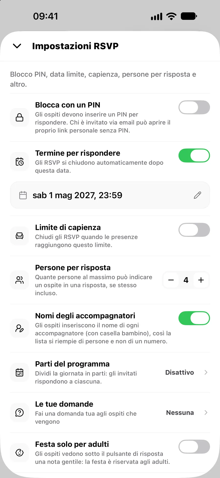 Le impostazioni RSVP nell’app Vowly Event