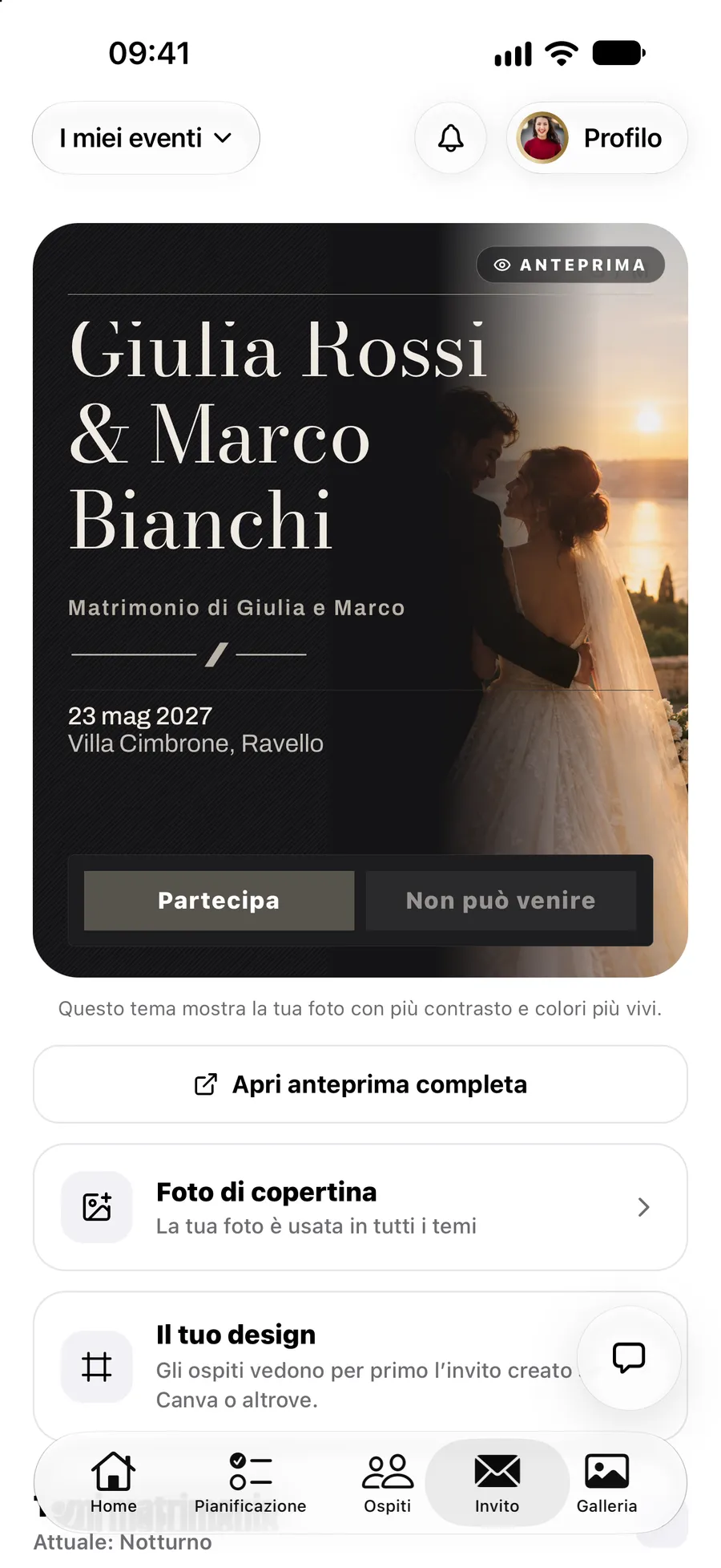 La schermata dell’invito con il link e il suo stato nell’app Vowly Event