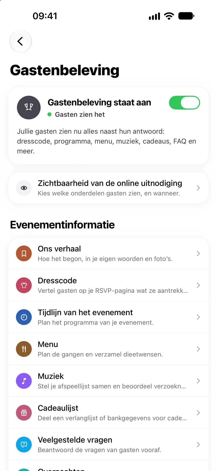Instellingen voor de gastenbeleving in de Vowly Event-app