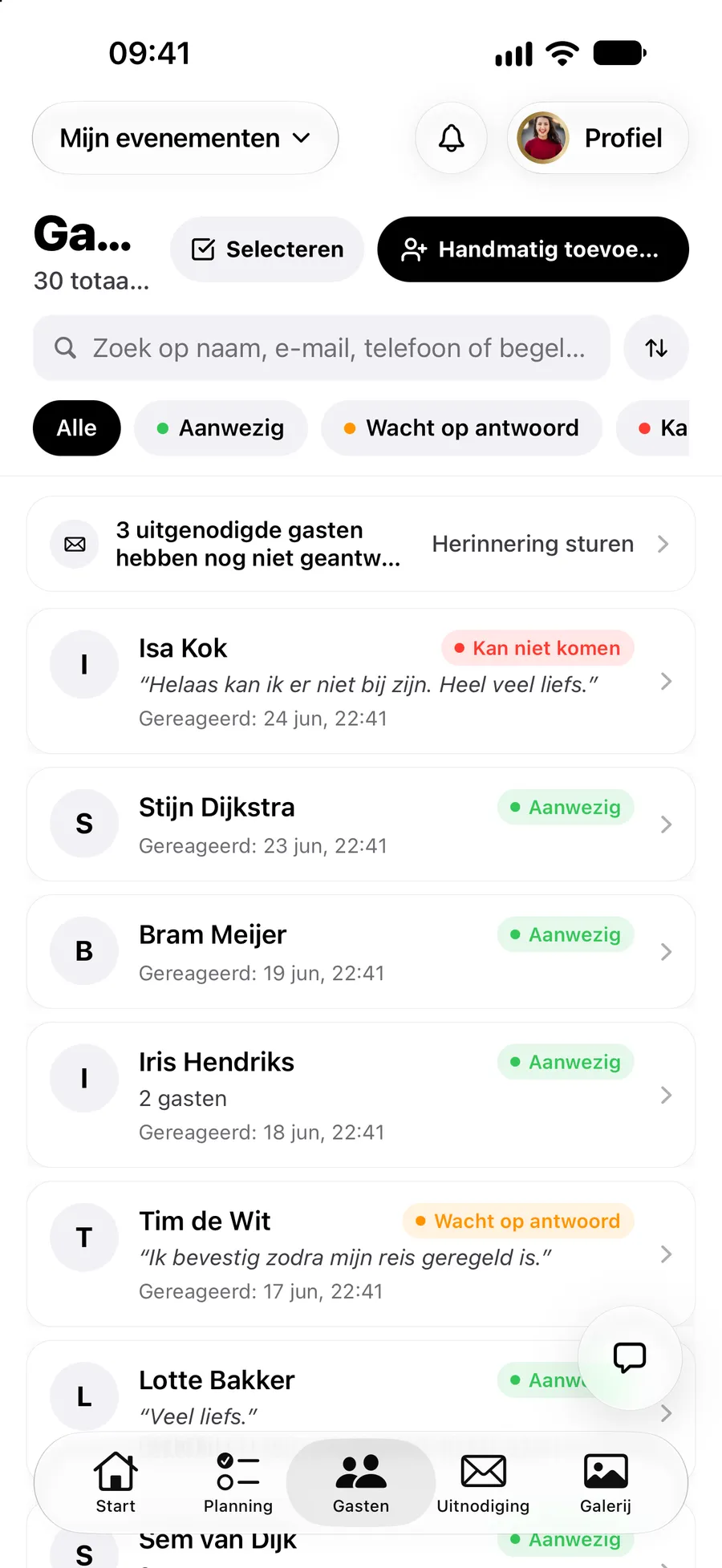 De gastenlijst in de Vowly Event-app