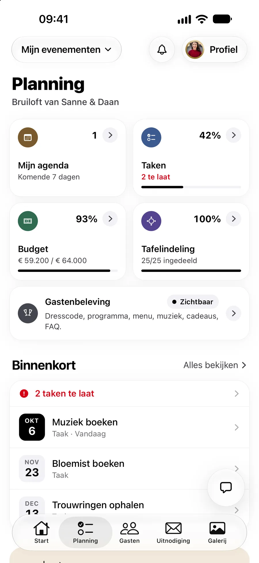 Het tabblad Planning in de Vowly Event-app