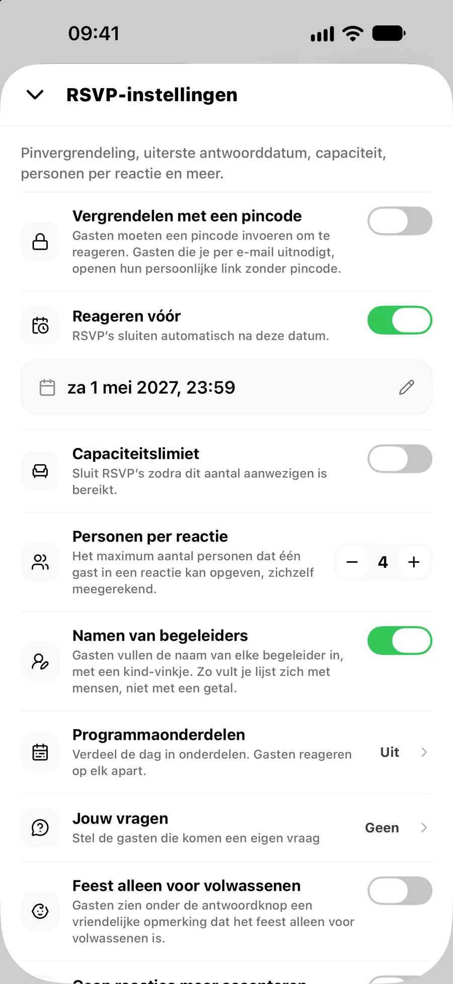 RSVP-instellingen in de Vowly Event-app