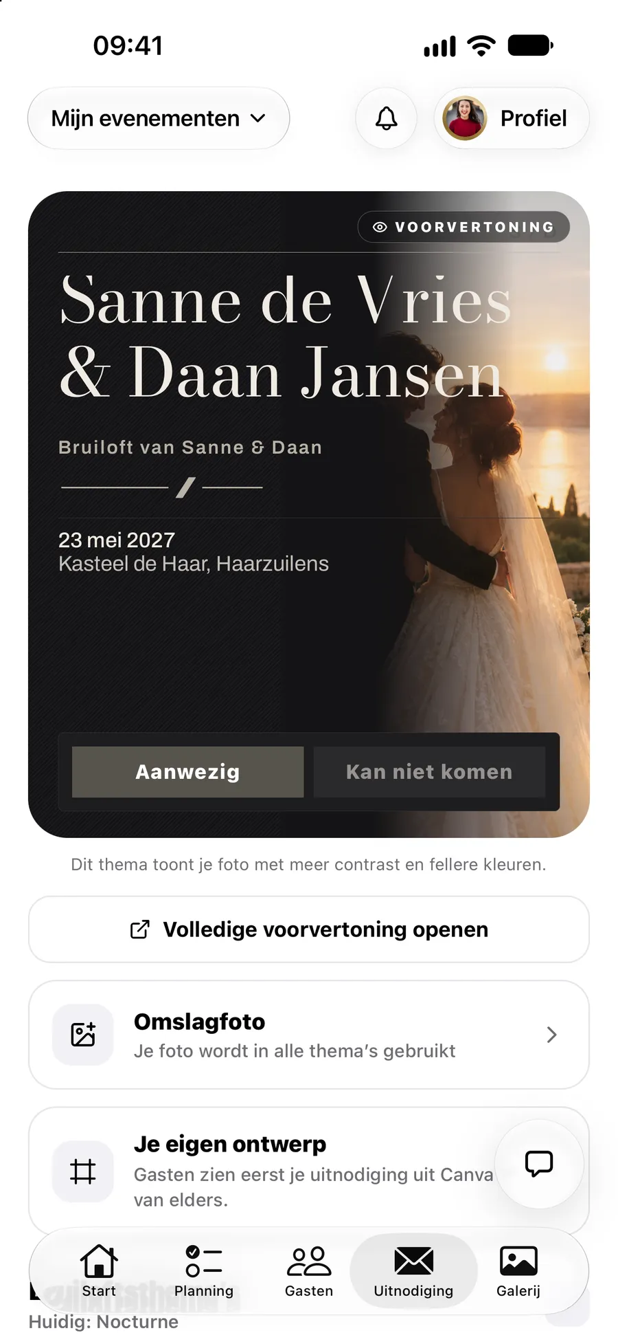 Het uitnodigingsscherm met de link en de status ervan in de Vowly Event-app