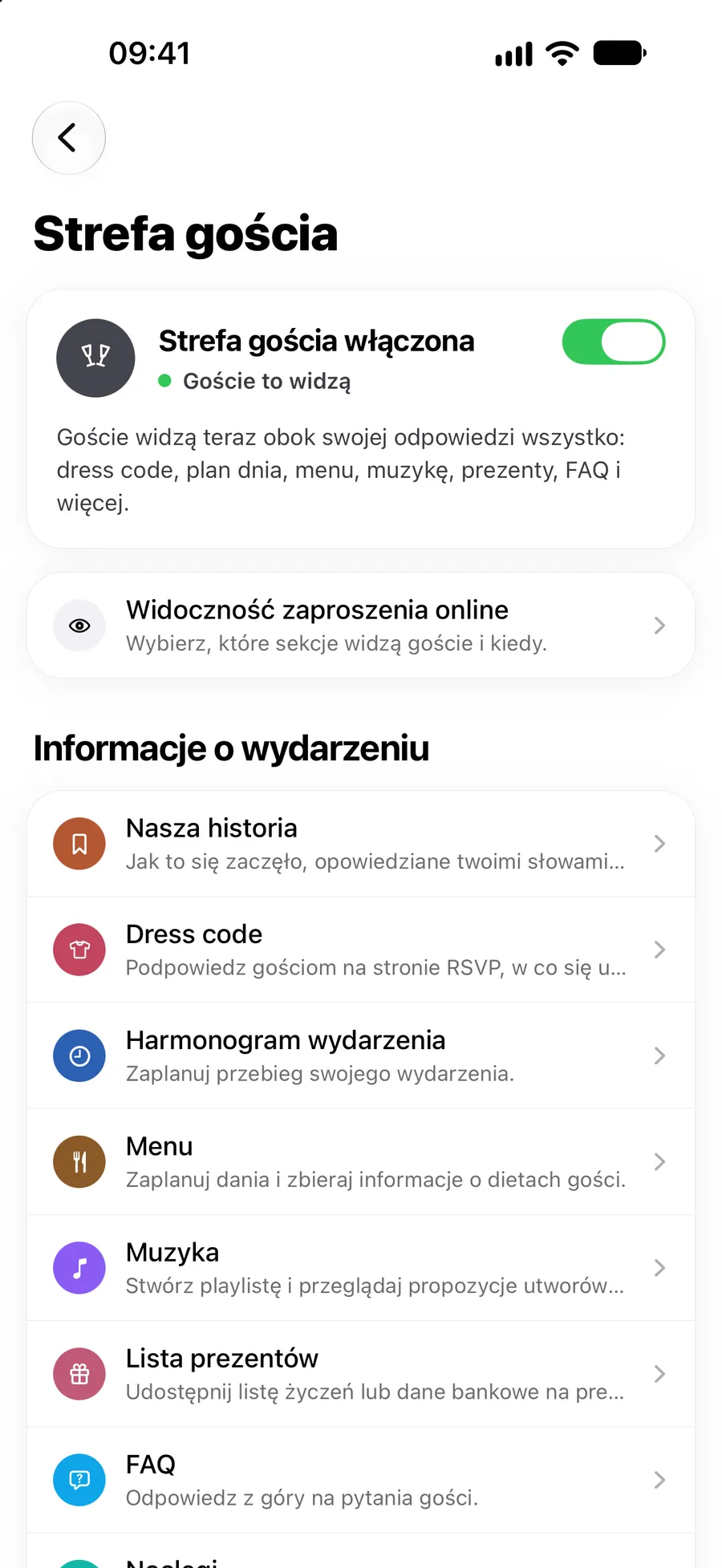 Ustawienia strefy gościa w aplikacji Vowly Event