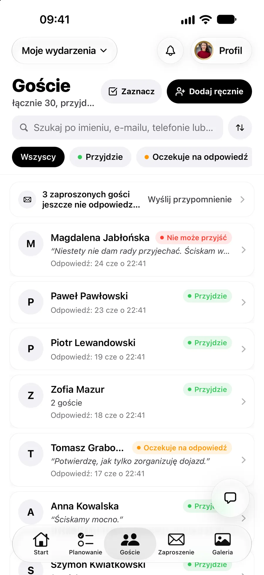 Lista gości w aplikacji Vowly Event