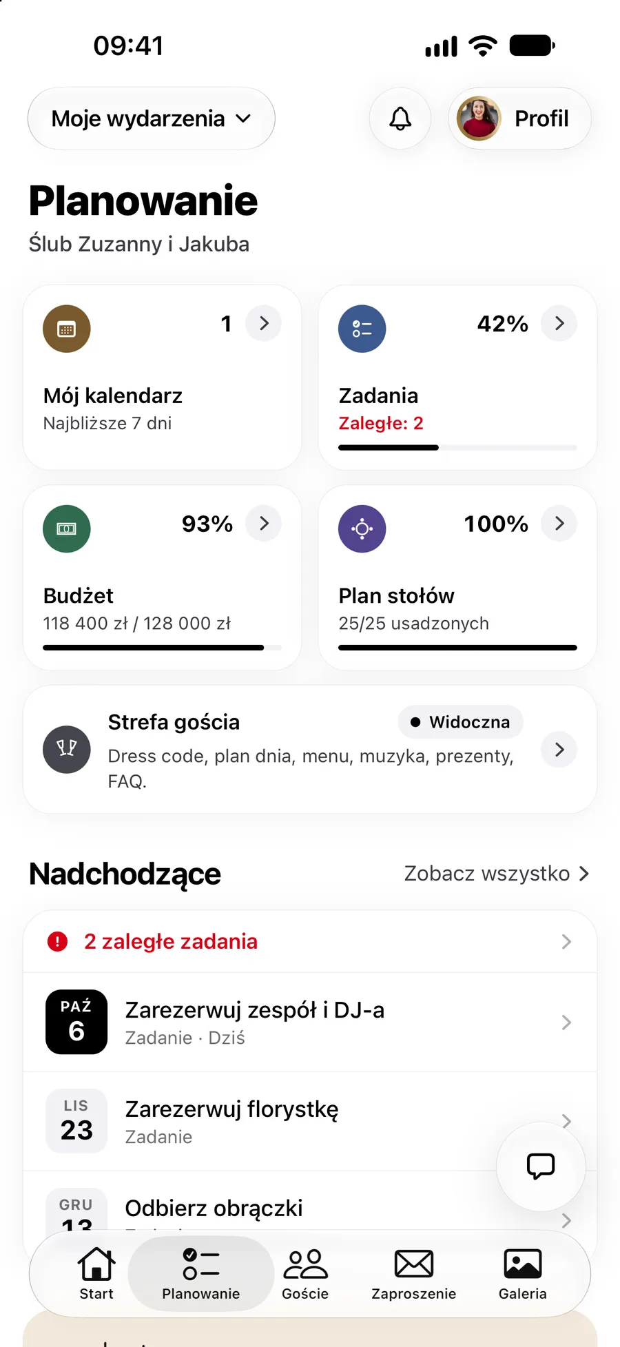 Zakładka Planowanie w aplikacji Vowly Event
