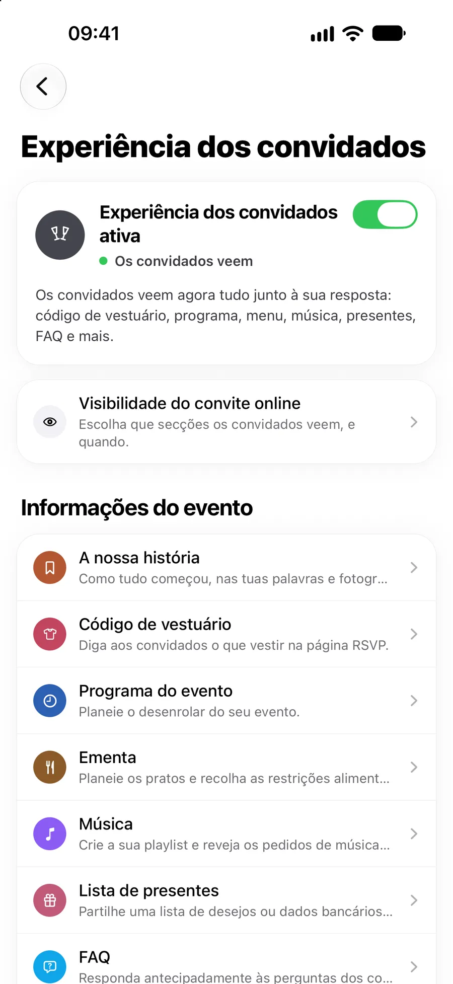 As definições da experiência dos convidados na app Vowly Event