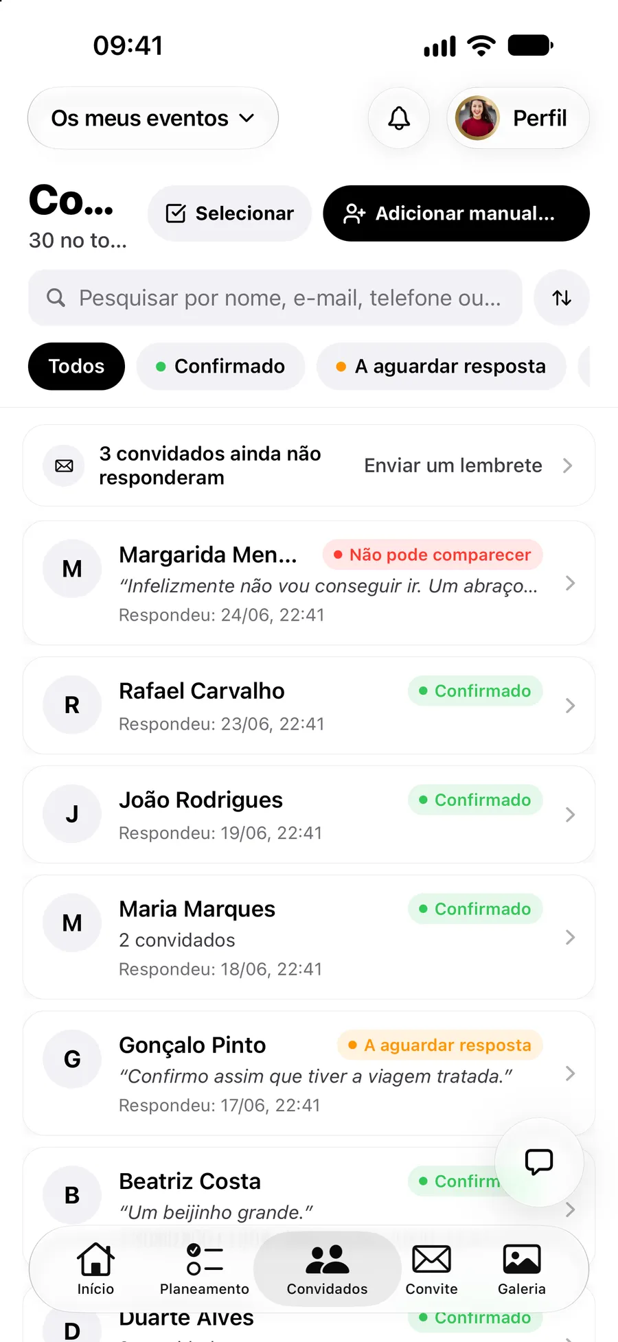 A lista de convidados na app Vowly Event