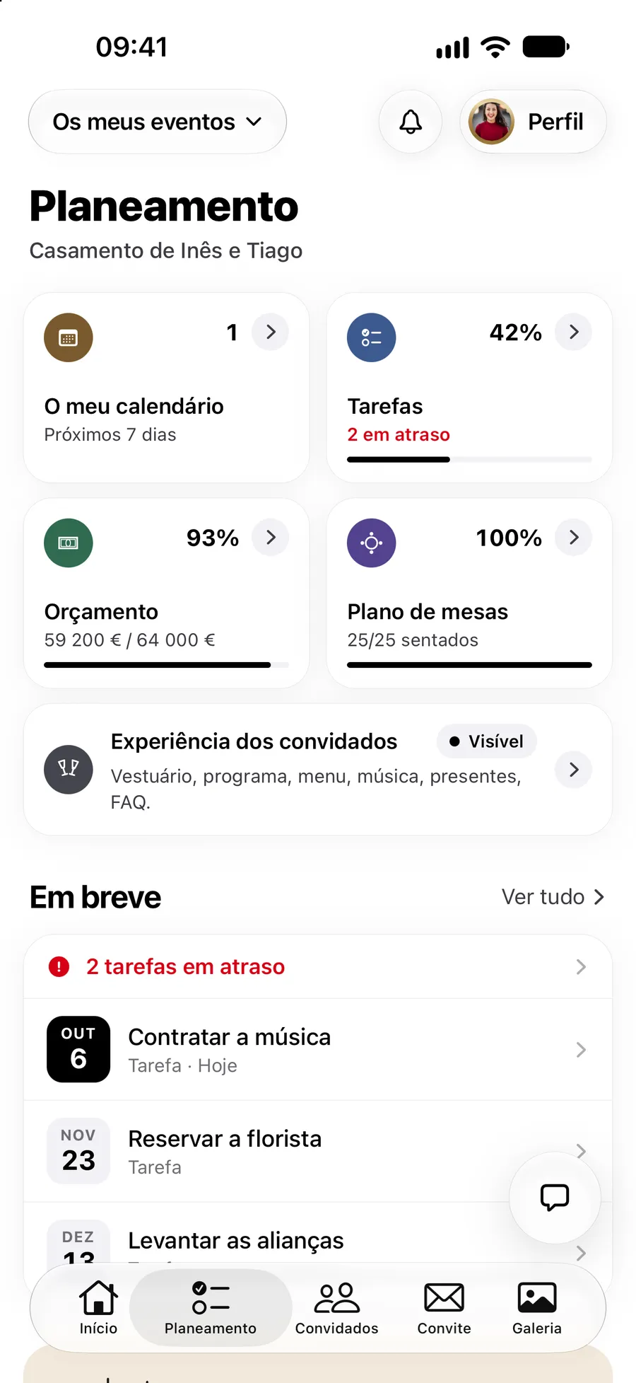 O separador Planeamento na app Vowly Event