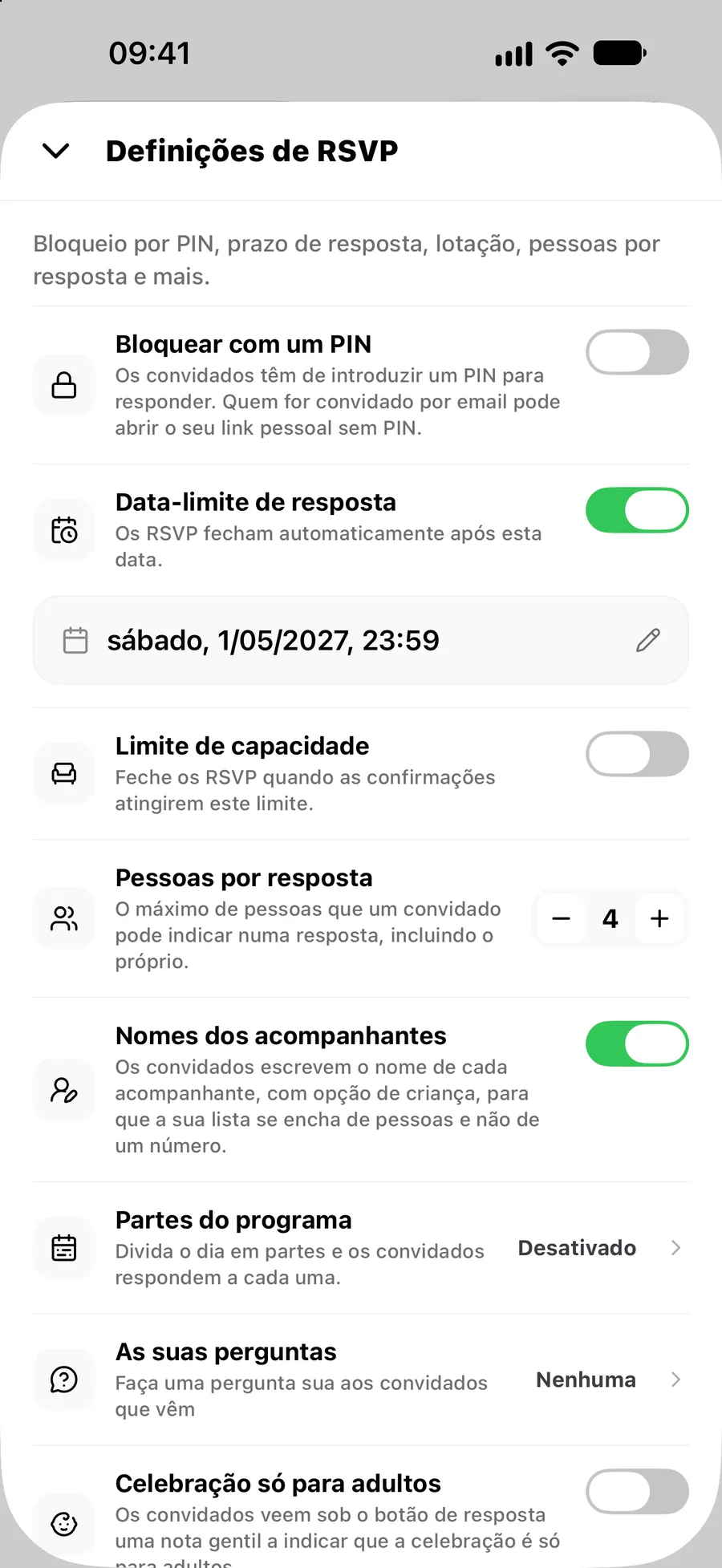 As definições de RSVP na app Vowly Event
