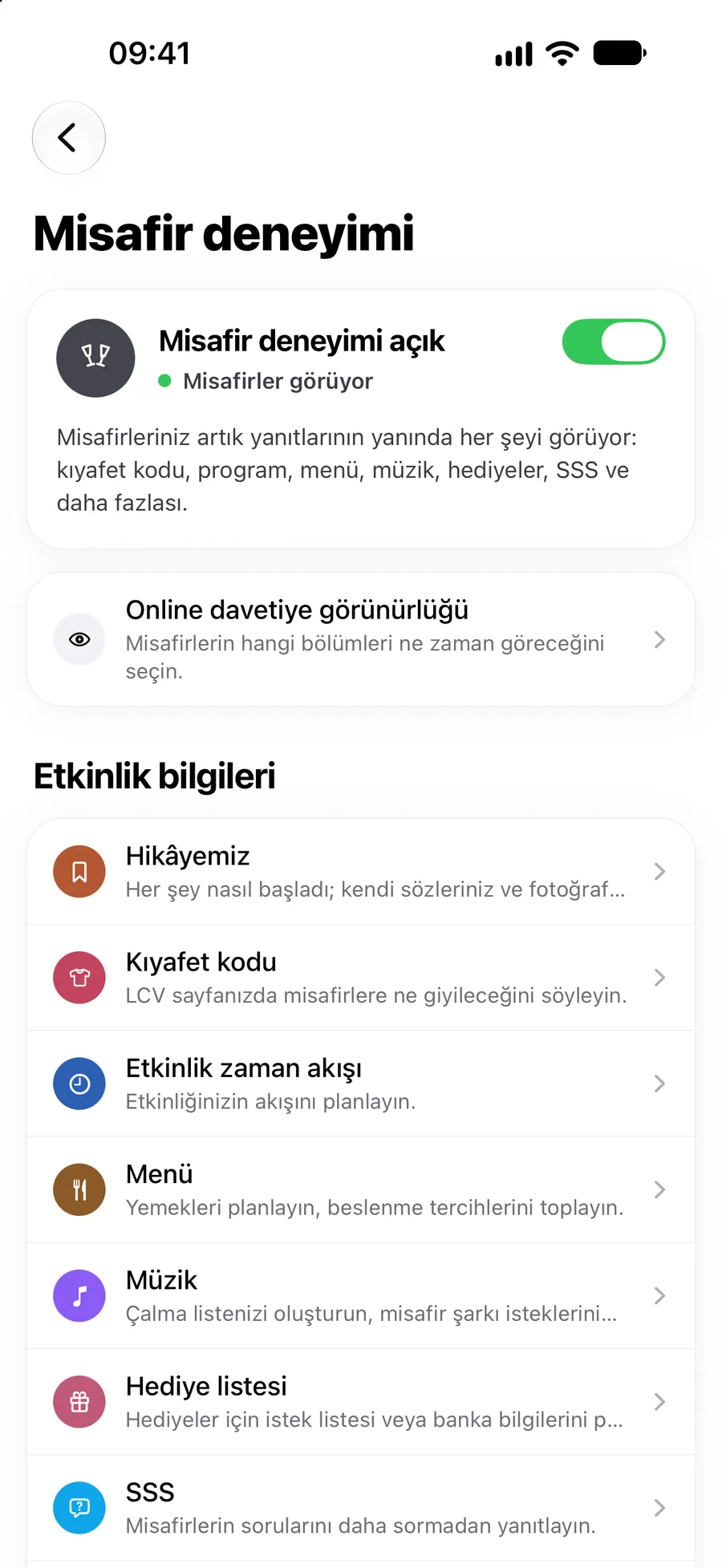 Vowly Event uygulamasında misafir deneyimi ayarları