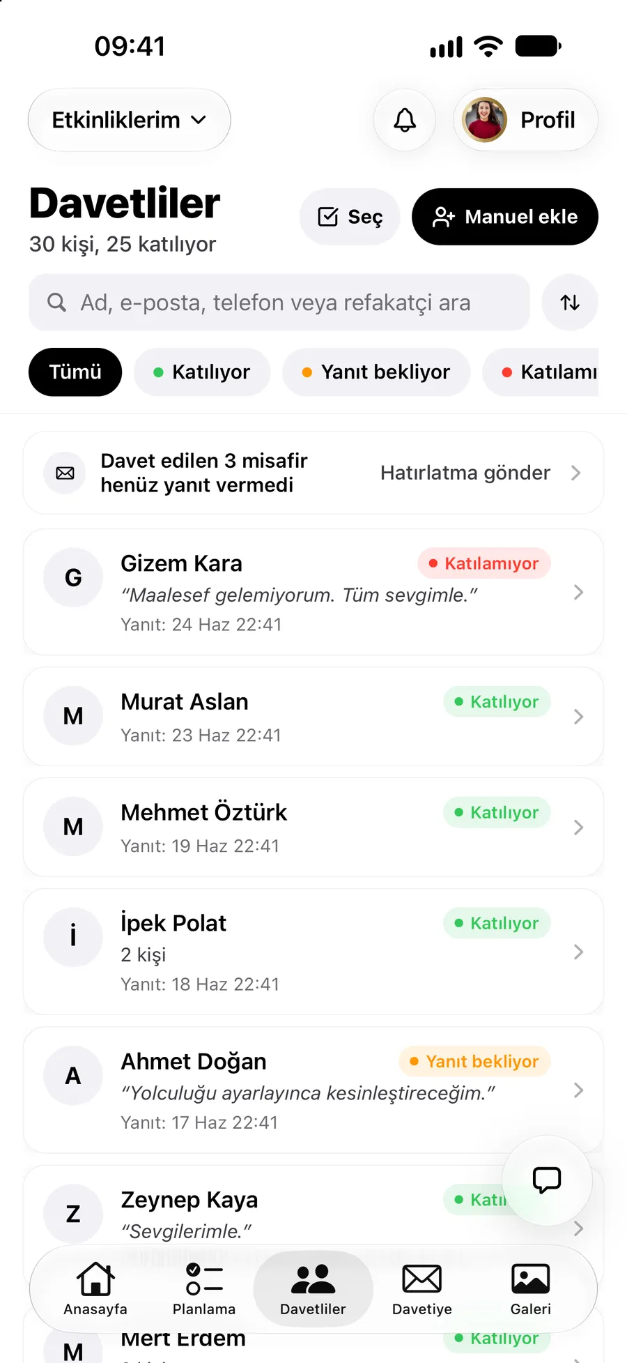 Vowly Event uygulamasında misafir listesi