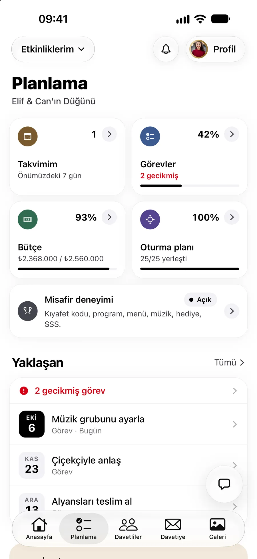 Vowly Event uygulamasında Planlama sekmesi