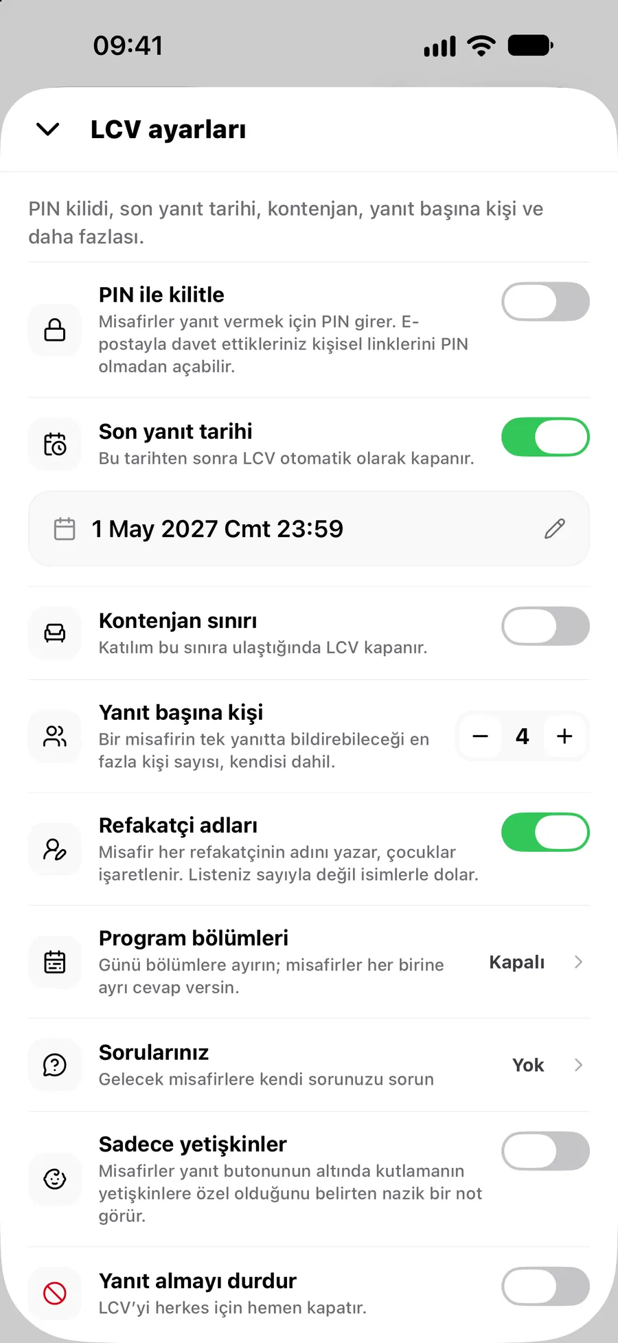 Vowly Event uygulamasında LCV ayarları