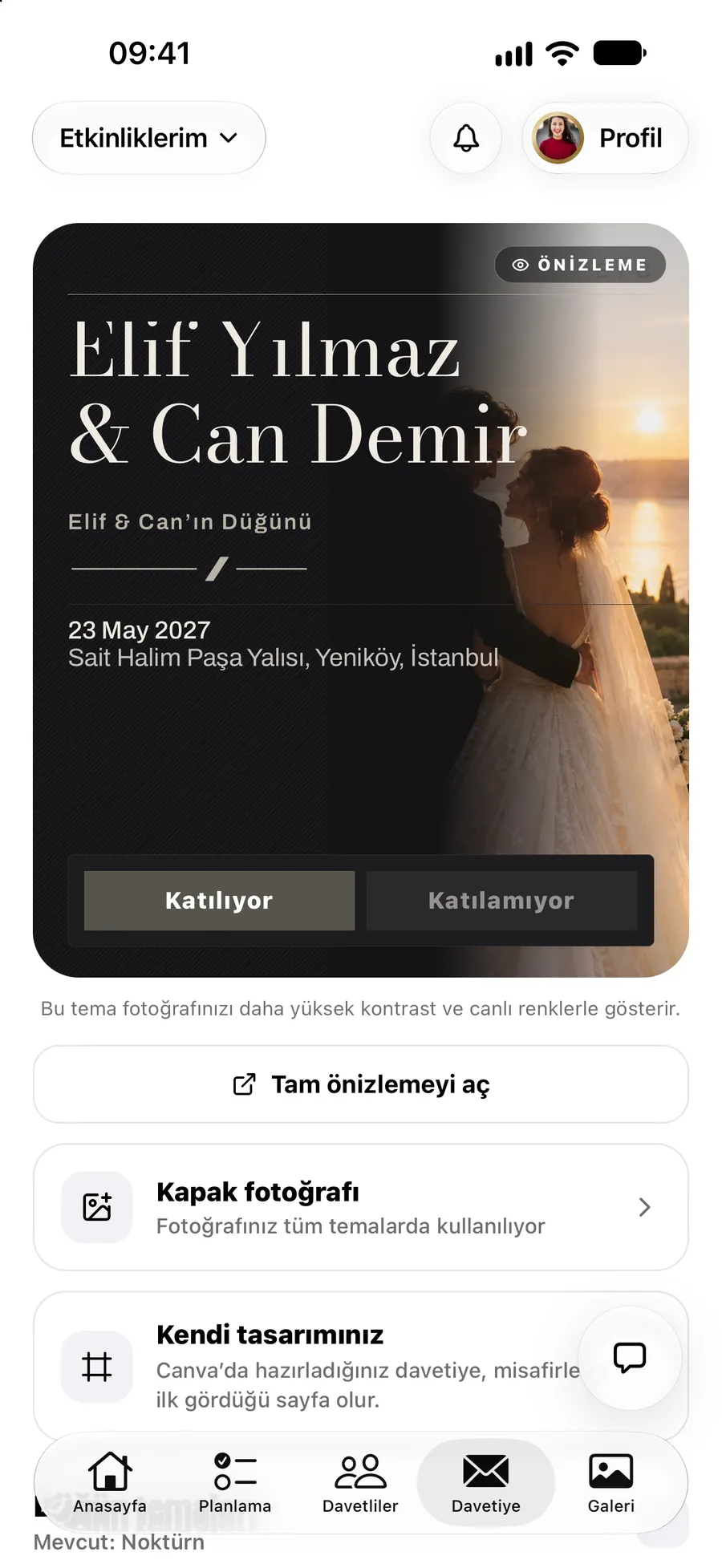 Vowly Event uygulamasında link ve durumunu gösteren davetiye ekranı